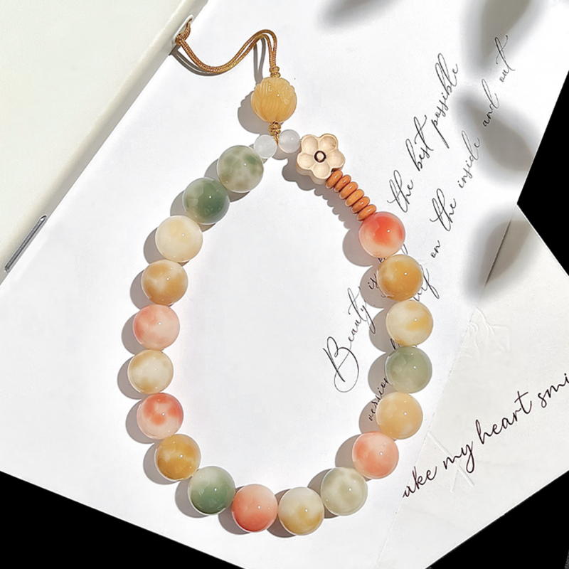 Brățară Bodhi cu mărgele rotunde, șnur pentru telefon și pandantiv pentru chei, finisaj lustruit, stil proaspăt drăguț