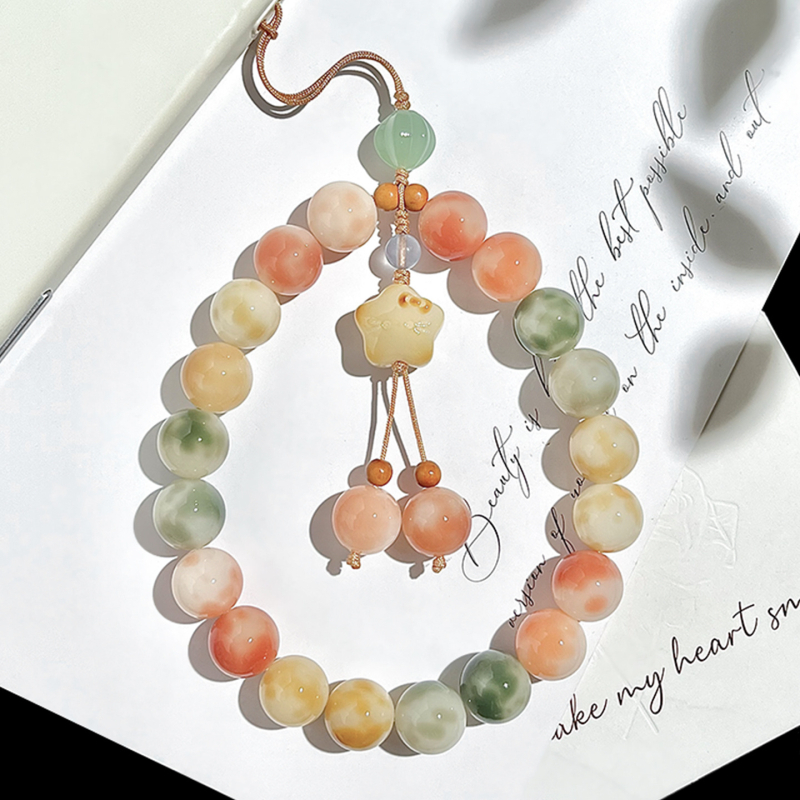 Brățară Bodhi cu mărgele rotunde, șnur pentru telefon și pandantiv pentru chei, finisaj lustruit, stil proaspăt drăguț