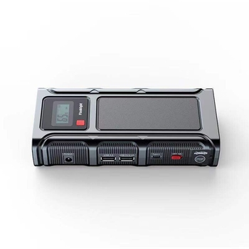 12V autózáró akkumulátor kijelzővel, vészindító (jump starter), légpumpa és USB power bank — bemenet 220V, kimenet USB 5V, CE tanúsítvány