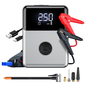 Vezeték nélküli autógumi pumpa – all-in-one egység vészindítással, CE tanúsítvánnyal, bemenet 12.6V, kimenet 12V, 4 fej: autó, motorkerékpár, kerékpár, kosárlabda.