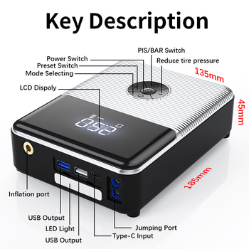 Vezeték nélküli autógumi pumpa – all-in-one egység vészindítással, CE tanúsítvánnyal, bemenet 12.6V, kimenet 12V, 4 fej: autó, motorkerékpár, kerékpár, kosárlabda.