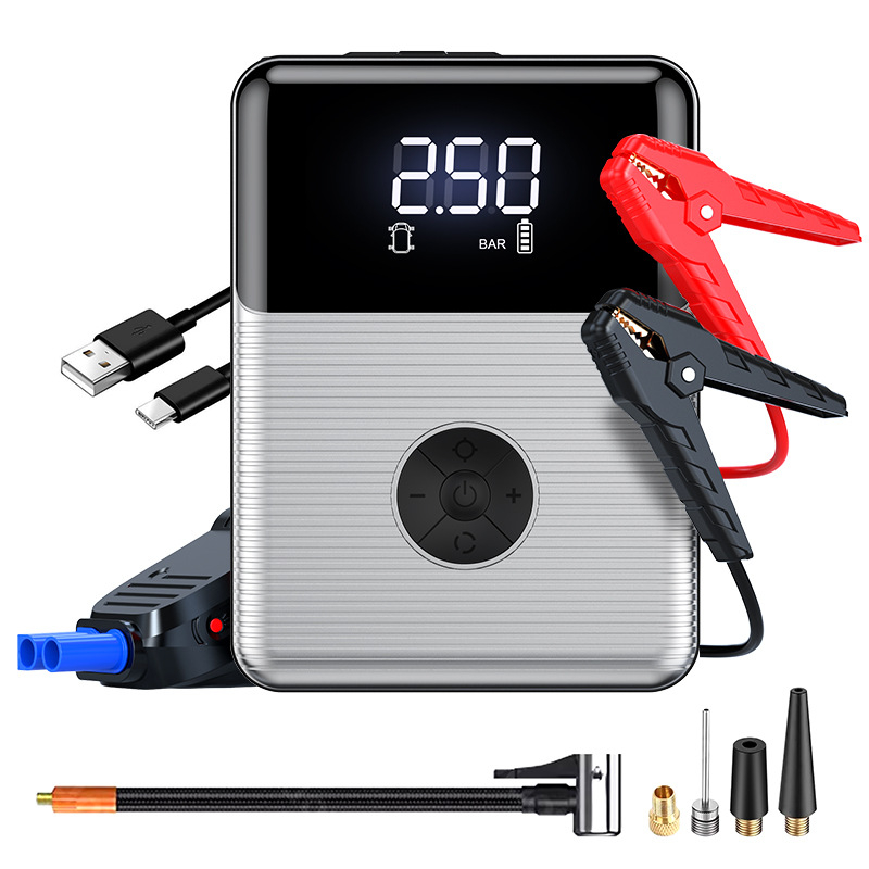 Vezeték nélküli autógumi pumpa – all-in-one egység vészindítással, CE tanúsítvánnyal, bemenet 12.6V, kimenet 12V, 4 fej: autó, motorkerékpár, kerékpár, kosárlabda.