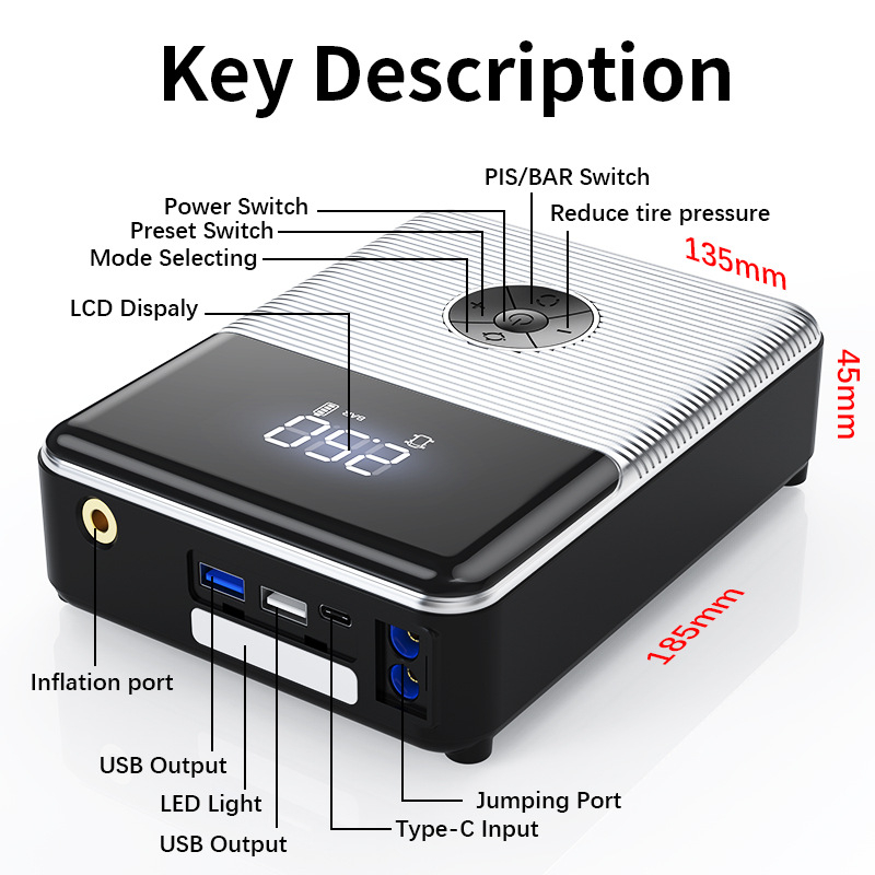 Vezeték nélküli autógumi pumpa – all-in-one egység vészindítással, CE tanúsítvánnyal, bemenet 12.6V, kimenet 12V, 4 fej: autó, motorkerékpár, kerékpár, kosárlabda.