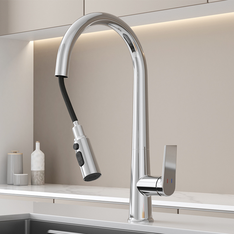 Robinet de bucătărie German Mosai cu furtun retractabil, cap rotativă și telescopică, protecție împotriva stropilor, apă caldă și rece, corp din cupru, cartuș ceramic, montaj la vedere