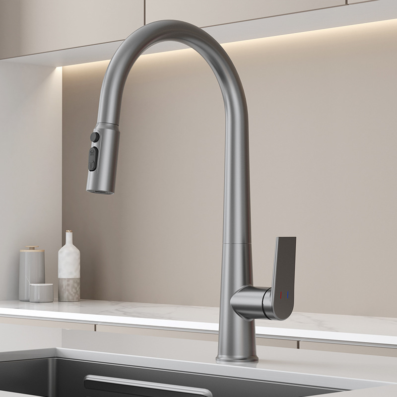 Robinet de bucătărie German Mosai cu furtun retractabil, cap rotativă și telescopică, protecție împotriva stropilor, apă caldă și rece, corp din cupru, cartuș ceramic, montaj la vedere