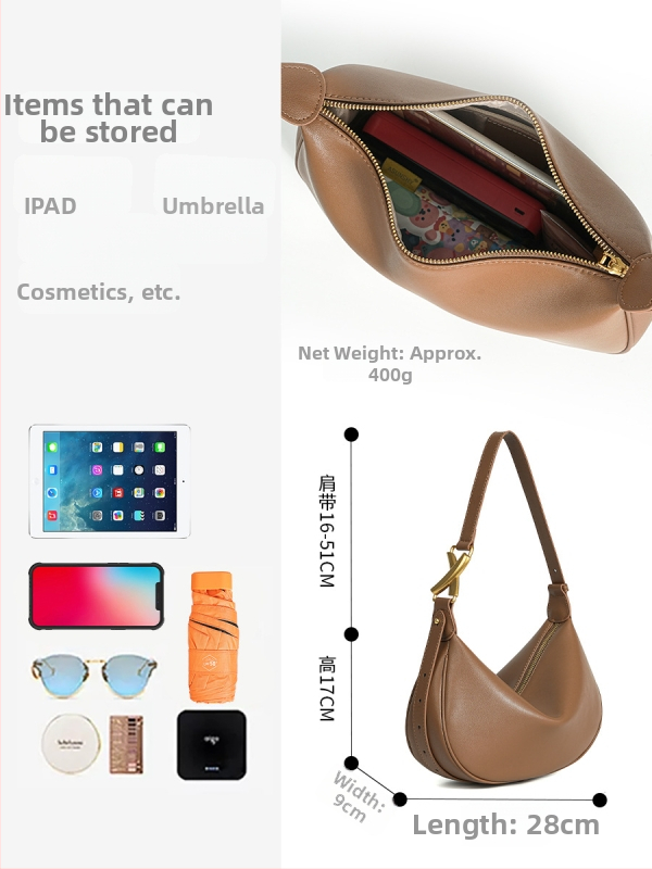 Női valódi bőr dumpling táska – cipzáras zárás; dupla pántos crossbody; belső zsebek: cipzáros zseb, zseb a telefonhoz és ID-hez; Tavasz 2025