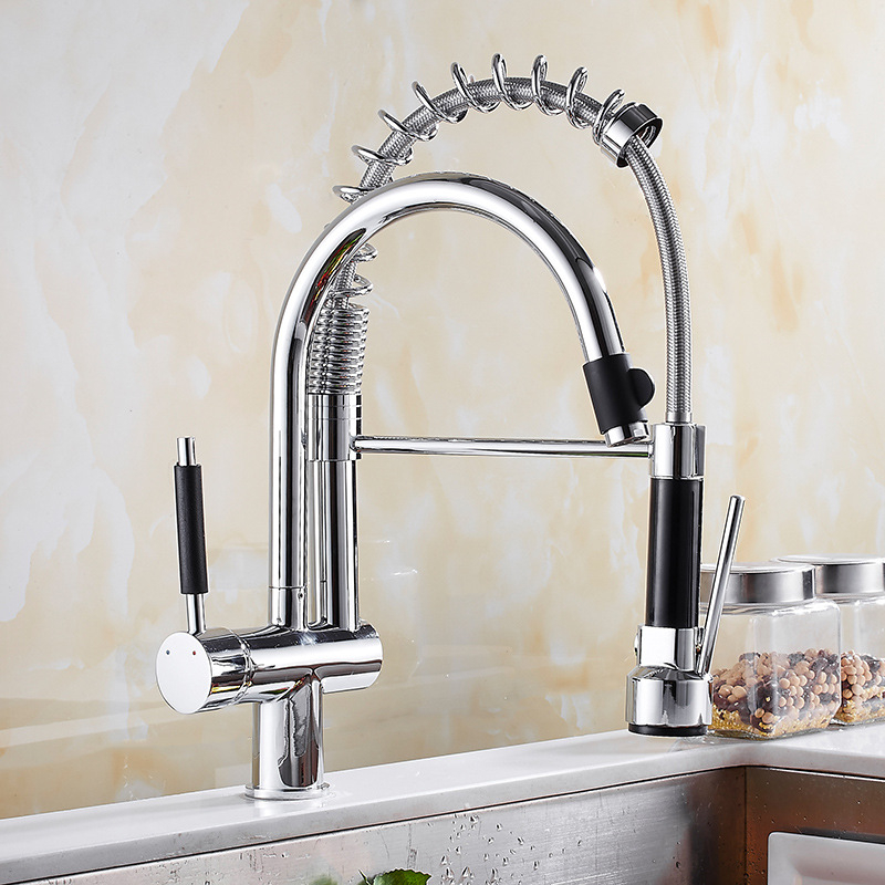 Heming kuhinjski meže američkog stila s oprugom, topla i hladna voda, dvostruki izlaz, model 9140, tijelo od bakra, nominalni tlak 5, radna temperatura 80°C