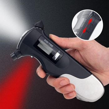 Digitalni mjerač tlaka u gumi s pozadinskim osvjetljenjem i flashlightom, Lotuda, model JZ-409A — raspon 2–150 psi, točnost ±1 psi, jedinice PSI/BAR/KPA/KG/C㎡, ručni