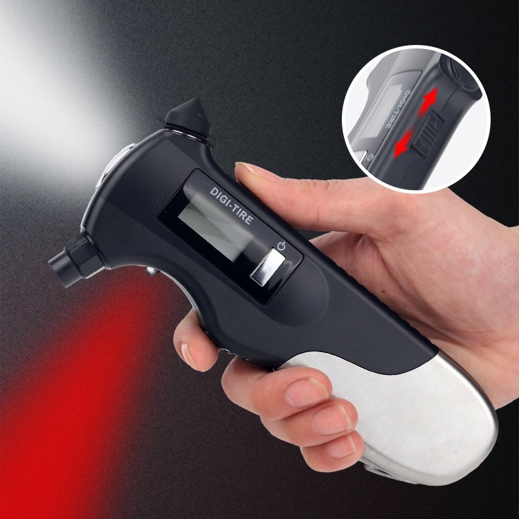 Digitalni mjerač tlaka u gumi s pozadinskim osvjetljenjem i flashlightom, Lotuda, model JZ-409A — raspon 2–150 psi, točnost ±1 psi, jedinice PSI/BAR/KPA/KG/C㎡, ručni