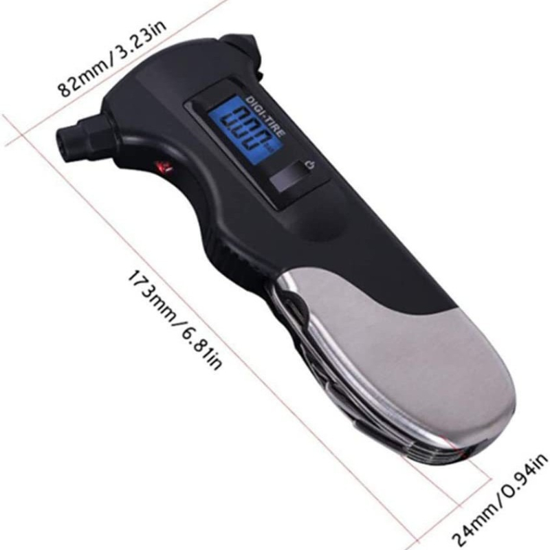 Digitalni mjerač tlaka u gumi s pozadinskim osvjetljenjem i flashlightom, Lotuda, model JZ-409A — raspon 2–150 psi, točnost ±1 psi, jedinice PSI/BAR/KPA/KG/C㎡, ručni