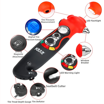 Automobiļu ārkārtas daudzfunkcionālais instruments: loga laušanas lāpsta, drošības josta griezējs, LED lukturis, mirgojoša gaisma, gaisa atslābinātājs, riepu spiediena manometrs, protekta dziļuma mērītājs, magnets — spiediens 5–150 psi, PSI/BAR, ±1% preciz