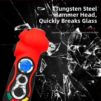 Automobiļu ārkārtas daudzfunkcionālais instruments: loga laušanas lāpsta, drošības josta griezējs, LED lukturis, mirgojoša gaisma, gaisa atslābinātājs, riepu spiediena manometrs, protekta dziļuma mērītājs, magnets — spiediens 5–150 psi, PSI/BAR, ±1% preciz