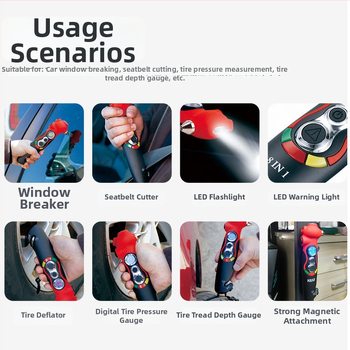 Automobiļu ārkārtas daudzfunkcionālais instruments: loga laušanas lāpsta, drošības josta griezējs, LED lukturis, mirgojoša gaisma, gaisa atslābinātājs, riepu spiediena manometrs, protekta dziļuma mērītājs, magnets — spiediens 5–150 psi, PSI/BAR, ±1% preciz