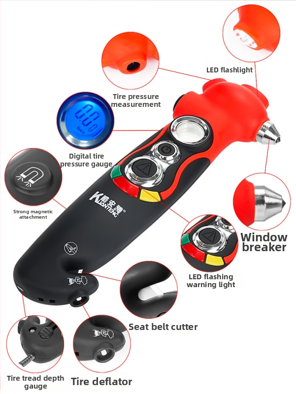 Automobiļu ārkārtas daudzfunkcionālais instruments: loga laušanas lāpsta, drošības josta griezējs, LED lukturis, mirgojoša gaisma, gaisa atslābinātājs, riepu spiediena manometrs, protekta dziļuma mērītājs, magnets — spiediens 5–150 psi, PSI/BAR, ±1% preciz