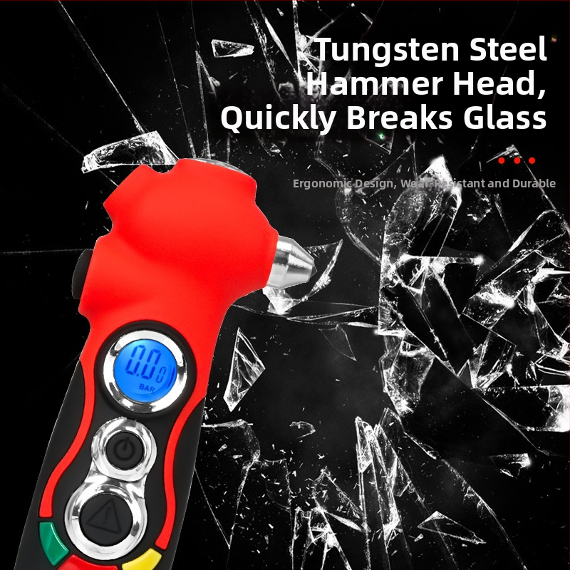 Automobiļu ārkārtas daudzfunkcionālais instruments: loga laušanas lāpsta, drošības josta griezējs, LED lukturis, mirgojoša gaisma, gaisa atslābinātājs, riepu spiediena manometrs, protekta dziļuma mērītājs, magnets — spiediens 5–150 psi, PSI/BAR, ±1% preciz