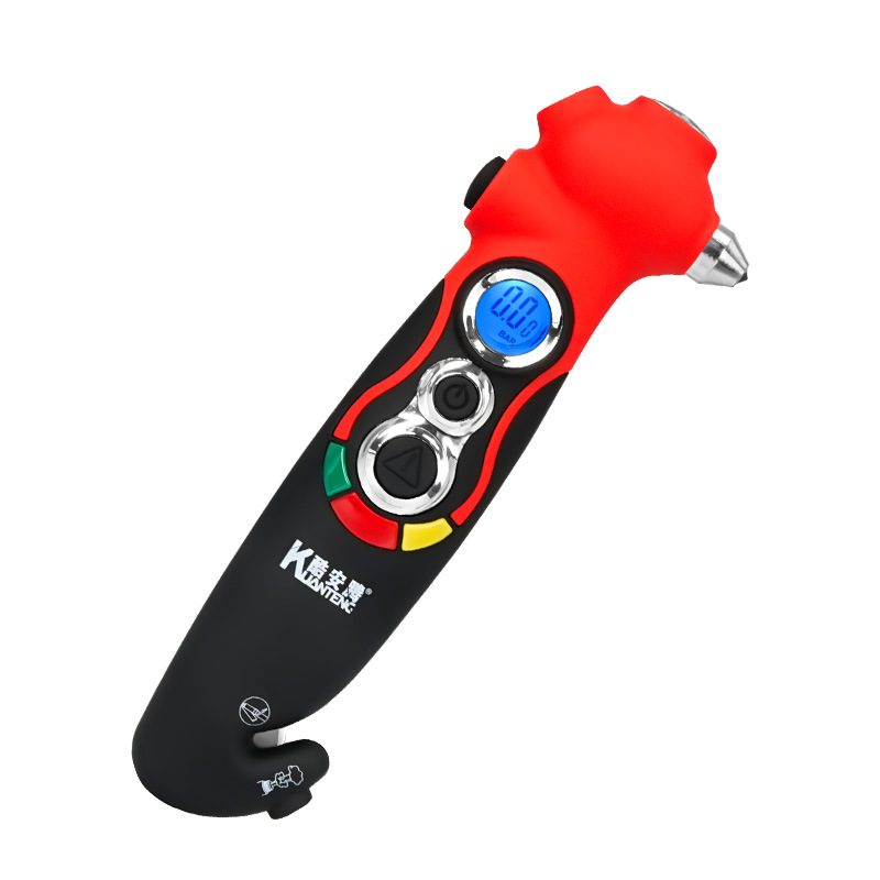 Auto hitni višefunkcijski alat: razbijač stakla, rezac pojasa, LED svjetlo, bljeskalica, deflator zraka, manometar tlaka u gumama, mjerač dubine profila, magnet — tlak 5–150 psi, PSI/BAR, ±1% preciznost