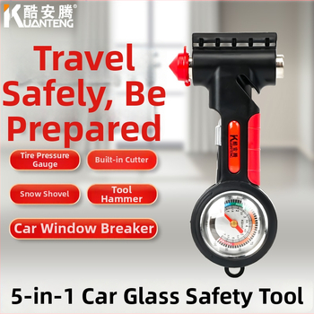 5-in-1 ārkārtas instruments: logu laušanas atslēga, daudzfunkciju āmats, drošības jostas griezējs, riepu spiediena mērītājs (10–100 psi), sniega lāpsta