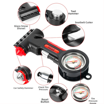 5-in-1 ārkārtas instruments: logu laušanas atslēga, daudzfunkciju āmats, drošības jostas griezējs, riepu spiediena mērītājs (10–100 psi), sniega lāpsta