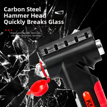 5-in-1 ārkārtas instruments: logu laušanas atslēga, daudzfunkciju āmats, drošības jostas griezējs, riepu spiediena mērītājs (10–100 psi), sniega lāpsta