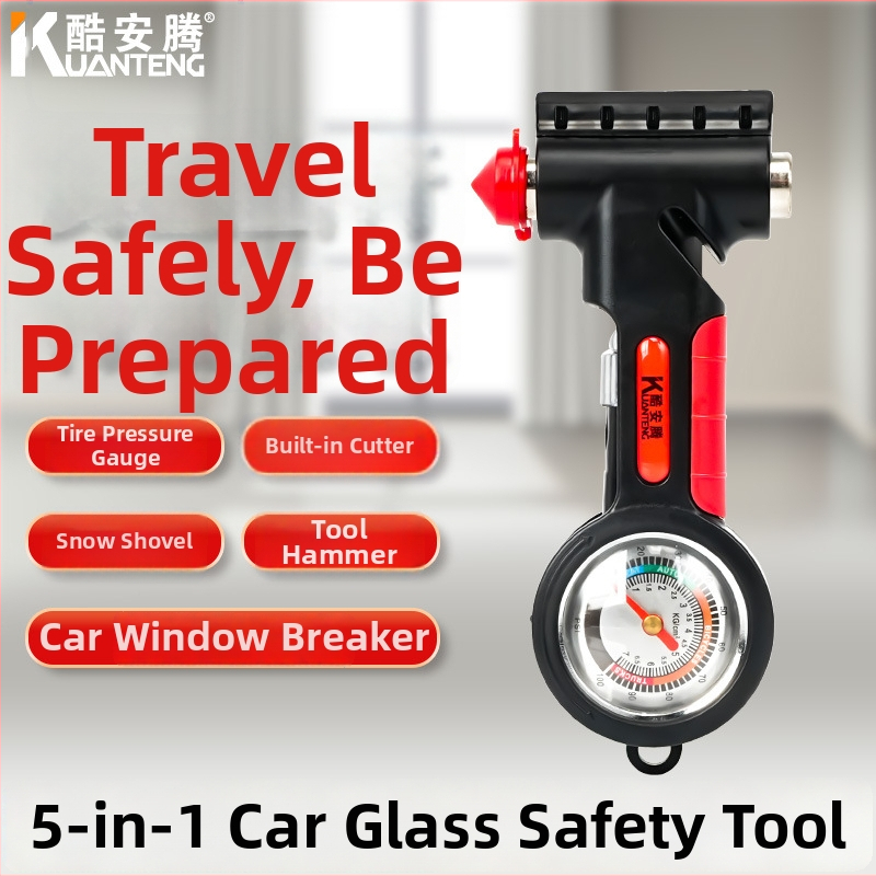 5-in-1 ārkārtas instruments: logu laušanas atslēga, daudzfunkciju āmats, drošības jostas griezējs, riepu spiediena mērītājs (10–100 psi), sniega lāpsta