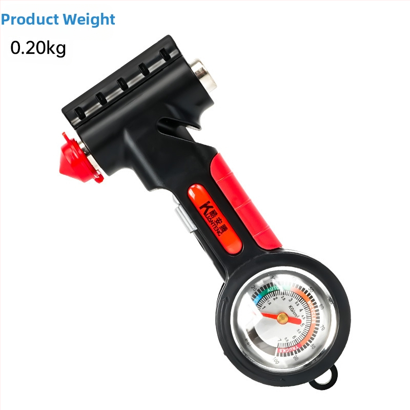 5-in-1 ārkārtas instruments: logu laušanas atslēga, daudzfunkciju āmats, drošības jostas griezējs, riepu spiediena mērītājs (10–100 psi), sniega lāpsta