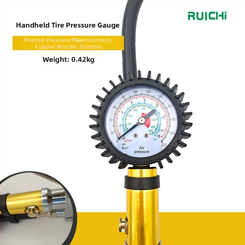 Rankinis padangų slėgio matuoklis Ruichi, korpusas iš cinko lydinio, diapazonas 220 psi, tikslumas 10 psi, kelių vienetų ekranas, svoris 0,42 kg