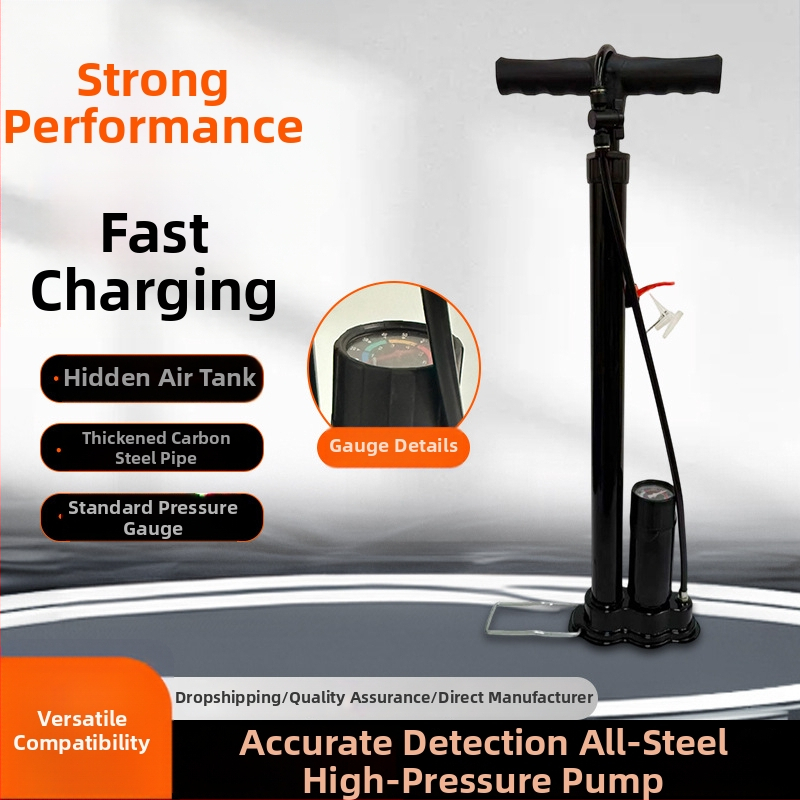 Ръчна въздушна помпа от цяла стомана с манометър, скрит резервоар за газ и тръба от въглеродна стомана за велосипед