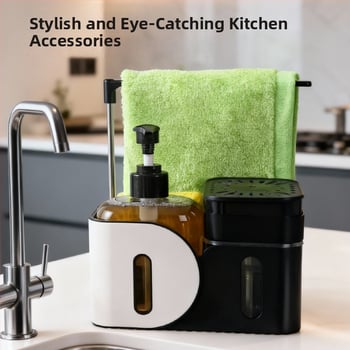 Σετ θήκης σαπουνιού/αντισηπτικού και κρεμάστρα πετσέτας χωρίς εγκατάσταση — ABS, χύτευση με έγχυση, επιτραπέζια τοποθέτηση, μοντέρνος μινιμαλισμός, χειροκίνητο πάτημα