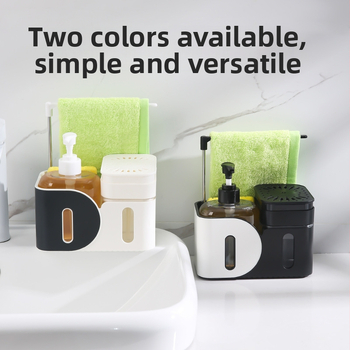 Σετ θήκης σαπουνιού/αντισηπτικού και κρεμάστρα πετσέτας χωρίς εγκατάσταση — ABS, χύτευση με έγχυση, επιτραπέζια τοποθέτηση, μοντέρνος μινιμαλισμός, χειροκίνητο πάτημα