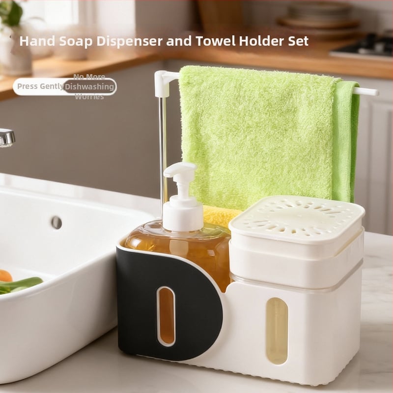 Σετ θήκης σαπουνιού/αντισηπτικού και κρεμάστρα πετσέτας χωρίς εγκατάσταση — ABS, χύτευση με έγχυση, επιτραπέζια τοποθέτηση, μοντέρνος μινιμαλισμός, χειροκίνητο πάτημα