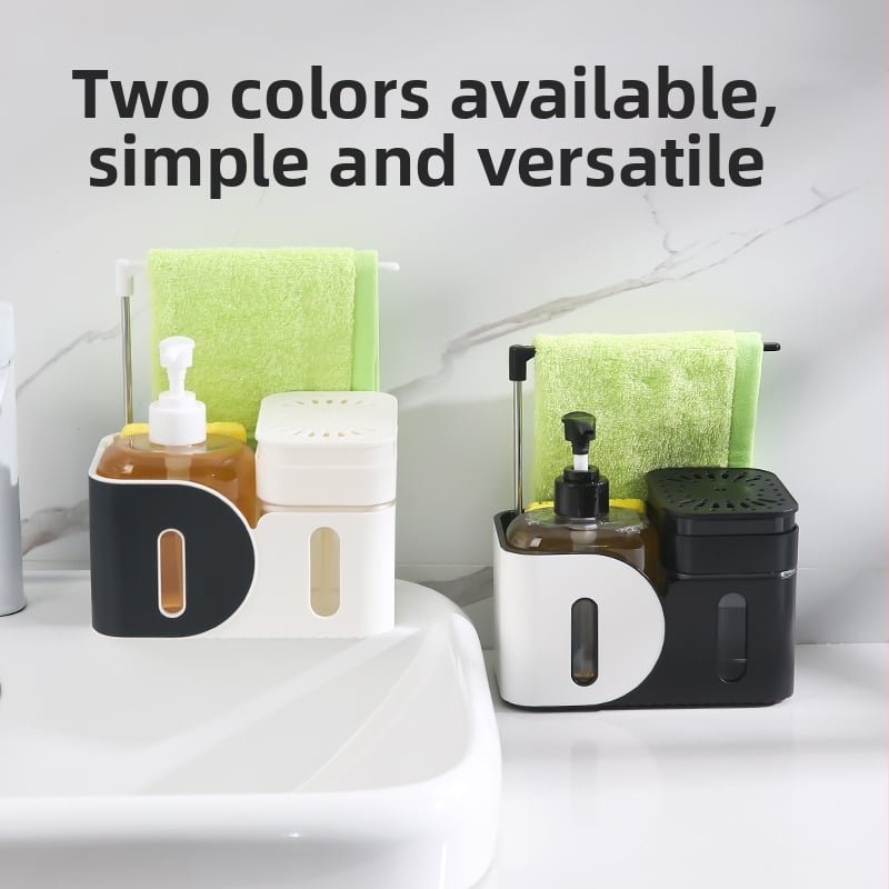 Σετ θήκης σαπουνιού/αντισηπτικού και κρεμάστρα πετσέτας χωρίς εγκατάσταση — ABS, χύτευση με έγχυση, επιτραπέζια τοποθέτηση, μοντέρνος μινιμαλισμός, χειροκίνητο πάτημα