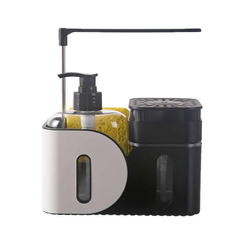 Σετ θήκης σαπουνιού/αντισηπτικού και κρεμάστρα πετσέτας χωρίς εγκατάσταση — ABS, χύτευση με έγχυση, επιτραπέζια τοποθέτηση, μοντέρνος μινιμαλισμός, χειροκίνητο πάτημα