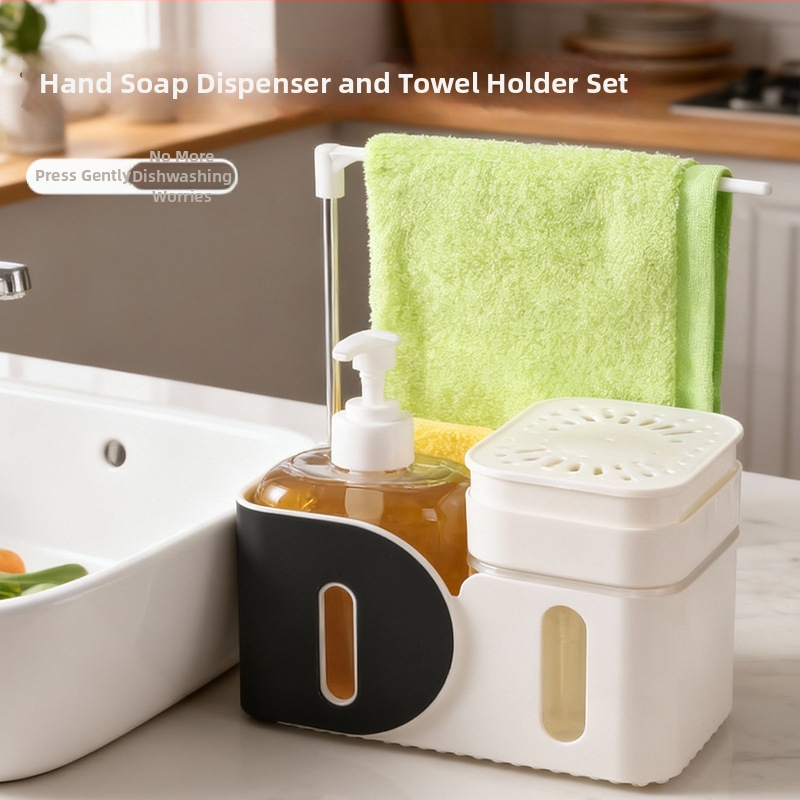 Σετ θήκης σαπουνιού/αντισηπτικού και κρεμάστρα πετσέτας χωρίς εγκατάσταση — ABS, χύτευση με έγχυση, επιτραπέζια τοποθέτηση, μοντέρνος μινιμαλισμός, χειροκίνητο πάτημα