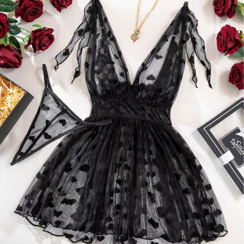 Set noćne odjeće od mrežaste tkanine s točkicama, otvorena leđa, trakice; 95–100% poliester; tanak materijal 101–120 g/m²