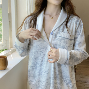 Set de pijamale maternitate din bumbac, cu deschidere pentru alăptat, imprimeu cu plante, mâneci lungi, pantaloni, toamnă 2025