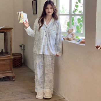 Set de pijamale maternitate din bumbac, cu deschidere pentru alăptat, imprimeu cu plante, mâneci lungi, pantaloni, toamnă 2025