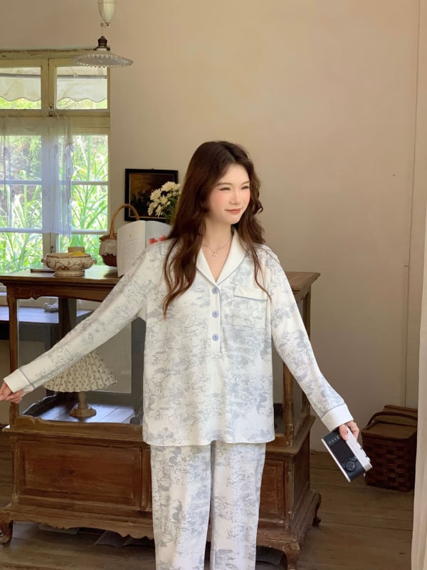 Set de pijamale maternitate din bumbac, cu deschidere pentru alăptat, imprimeu cu plante, mâneci lungi, pantaloni, toamnă 2025