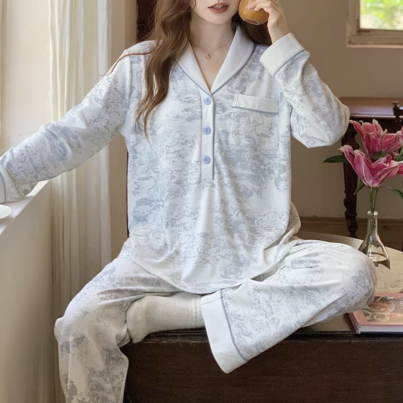 Set de pijamale maternitate din bumbac, cu deschidere pentru alăptat, imprimeu cu plante, mâneci lungi, pantaloni, toamnă 2025