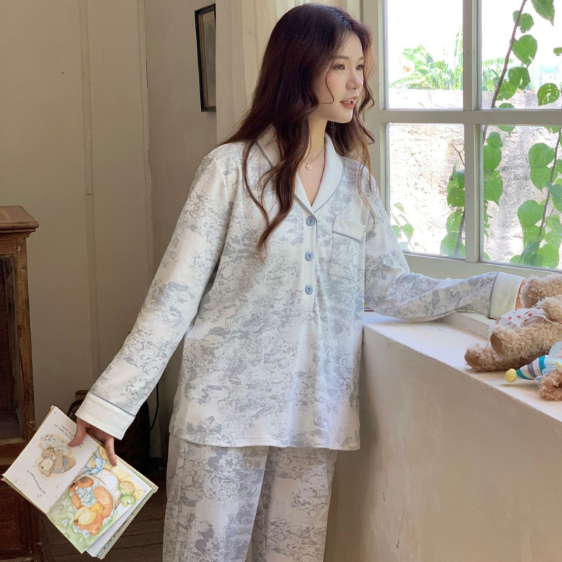 Set de pijamale maternitate din bumbac, cu deschidere pentru alăptat, imprimeu cu plante, mâneci lungi, pantaloni, toamnă 2025