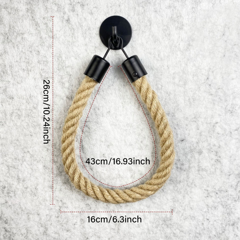 Držač za ručnike i role papira za kupaonicu, ručno pleteni konop, drveno i kovano željezo konstrukcija, vodootporan, nosivost 1 kg, s jednim slojem.