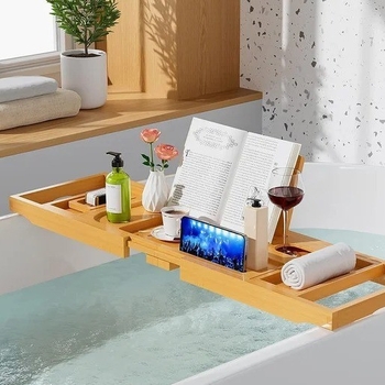 Drveni proširivi držač za kupaonicu s prostorom za pohranu; površina premazana sprejem; model p-4582; materijal 18328127424; jednodijelni dizajn