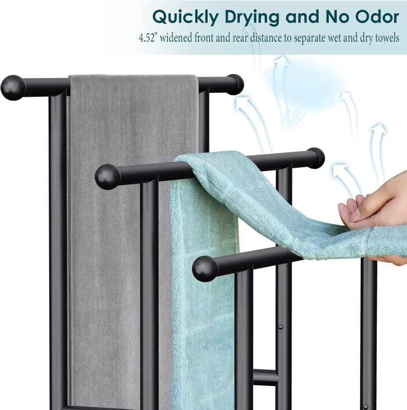 Slobodno stojeći stalak za ručnike s 3 razine i košarom, željezna konstrukcija, završna obrada pečene boje, nosivost 30 kg