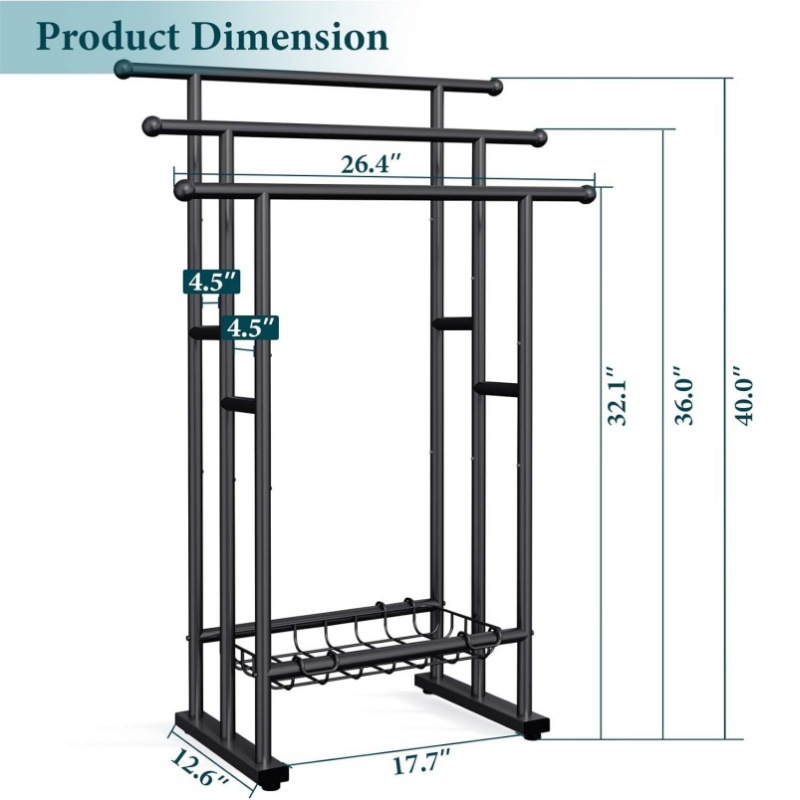 Slobodno stojeći stalak za ručnike s 3 razine i košarom, željezna konstrukcija, završna obrada pečene boje, nosivost 30 kg