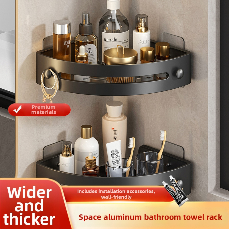 Trostruki trokutasti zidni ormarić za kupaonicu, s tri etaže, bez bušenja, ABS i Space aluminij, završni premaz pečeno, nosivost 1–5 kg