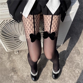 Чорапогащник с панделка и мрежеста шарка, нейлон, тънък, японски стил