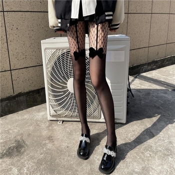 Чорапогащник с панделка и мрежеста шарка, нейлон, тънък, японски стил