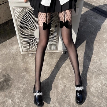 Чорапогащник с панделка и мрежеста шарка, нейлон, тънък, японски стил