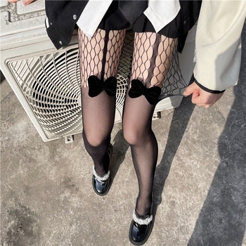 Чорапогащник с панделка и мрежеста шарка, нейлон, тънък, японски стил