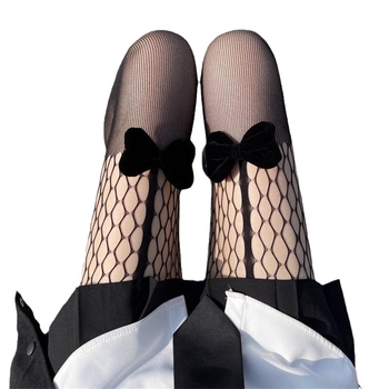 Чорапогащник с панделка и мрежеста шарка, нейлон, тънък, японски стил