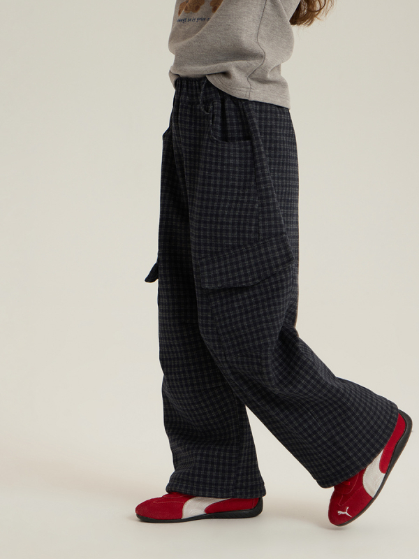 Pantaloni cargo pentru copii, stil coreean, cu fleece, model pătrate în carouri, talie medie, unisex, iarnă